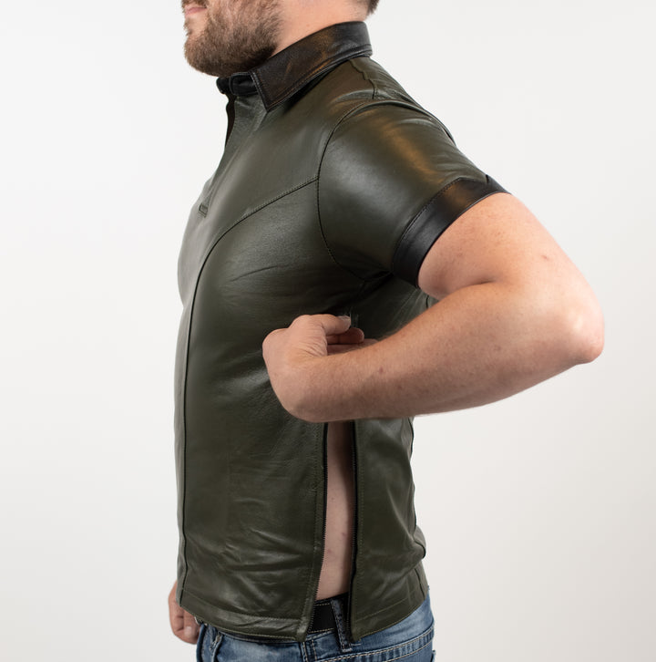 Olive Green and Black Leather Side Zip