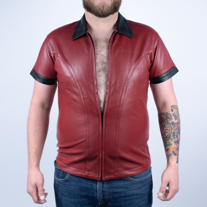 Dark Red with Black Leather Front Zip